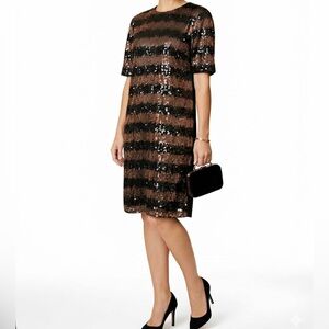 Gibson Latimer Metallic Brown and Black Sequin Striped Mini Dress